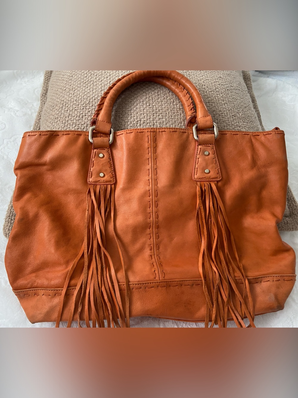Junior Drake Annalynn Poppy Orange Fringe Leather Tote